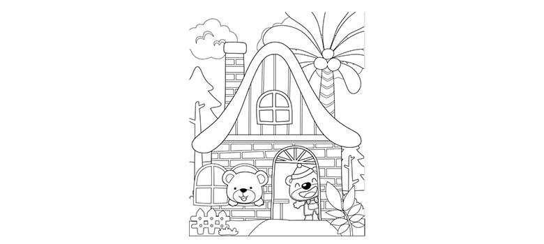 Kolorowanka z domem. Dom w którym mieszkają uśmiechnięte misie do kolorowania