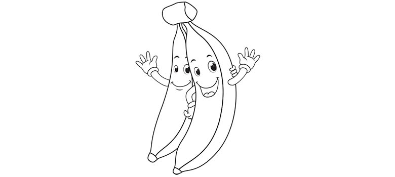 Kolorowanka z owocami. Uśmiechnięte banany do kolorowania.