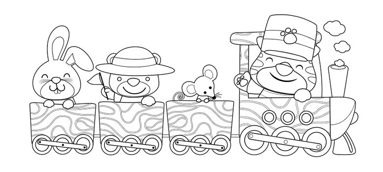 Prześliczna radosna kolorowanka z misiem, królikiem, tygrysem i myszką w jadącym pociągu.