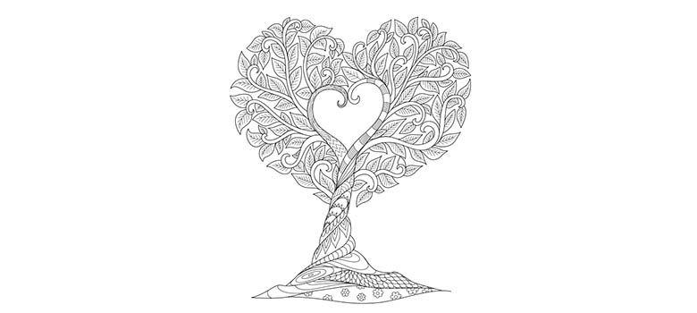 Drzewo rosnące w kształt serce. Romantyczna kolorowanka.